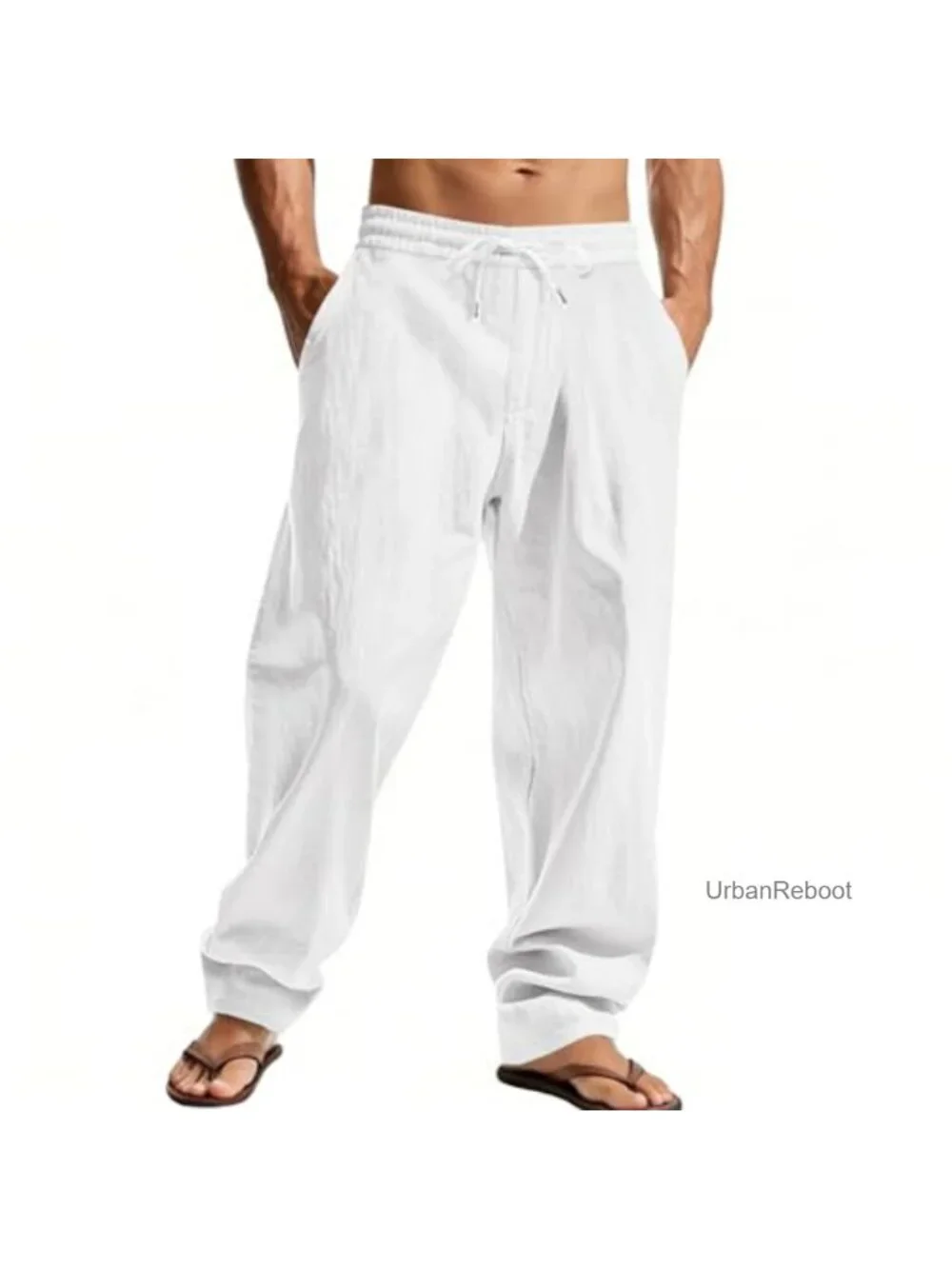 Men's Cotton Linen Pants Casual Summer Beach Drawstring Elastic Waist Relaxed